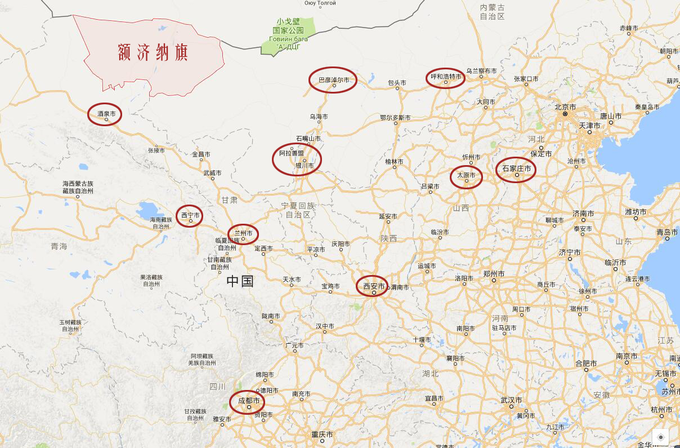 一张图看懂额济纳旗的位置(位于左上角,其余圈出的地方为省会或附近