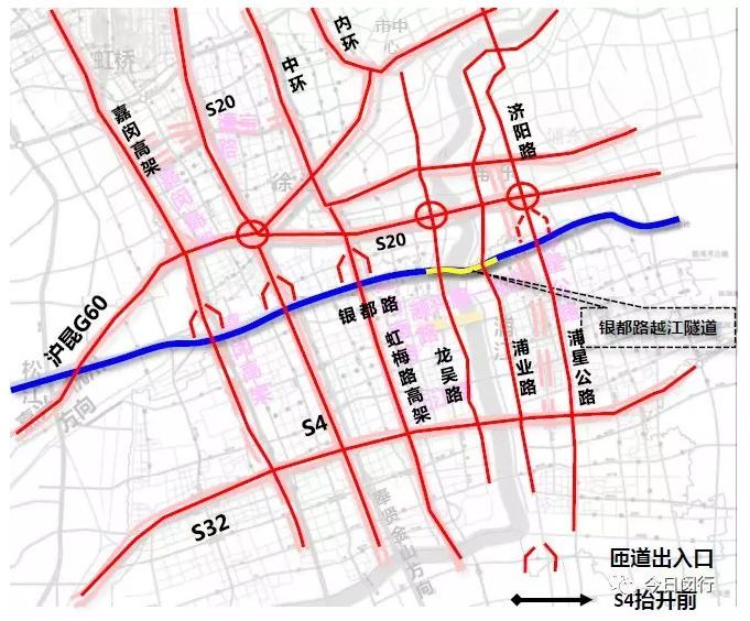 下层双向四车道下穿浦业路后接地 黄浦江以东段可与浦业路,浦星公路等