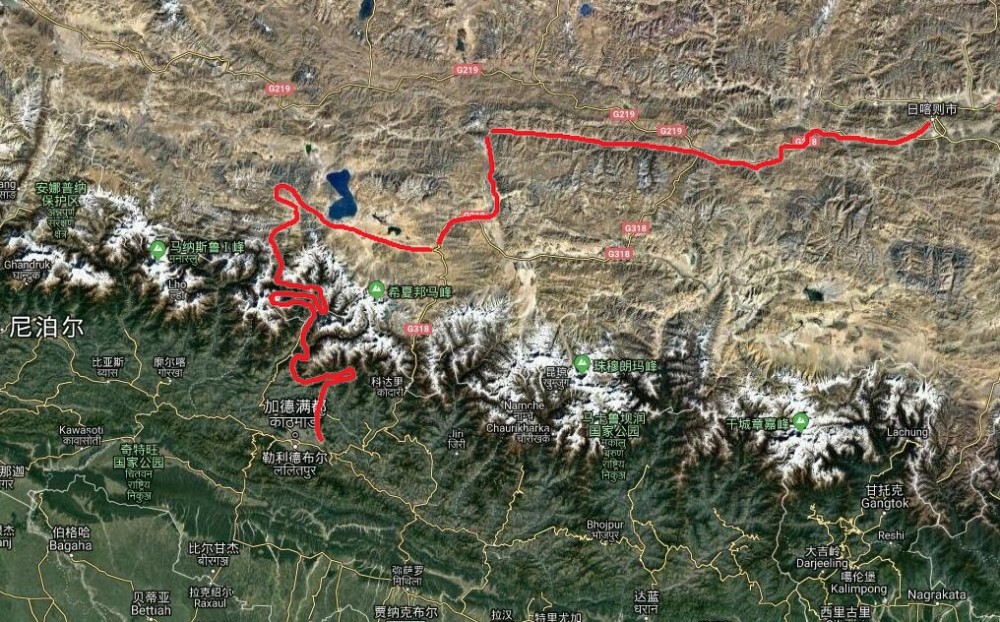 把西线示意图复制到谷歌地图上的效果示意,中尼铁路从日喀则出发,翻越