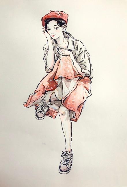 灵动的线条,淡彩的笔墨,绘画速写人物的生动,插画有恋爱的感觉