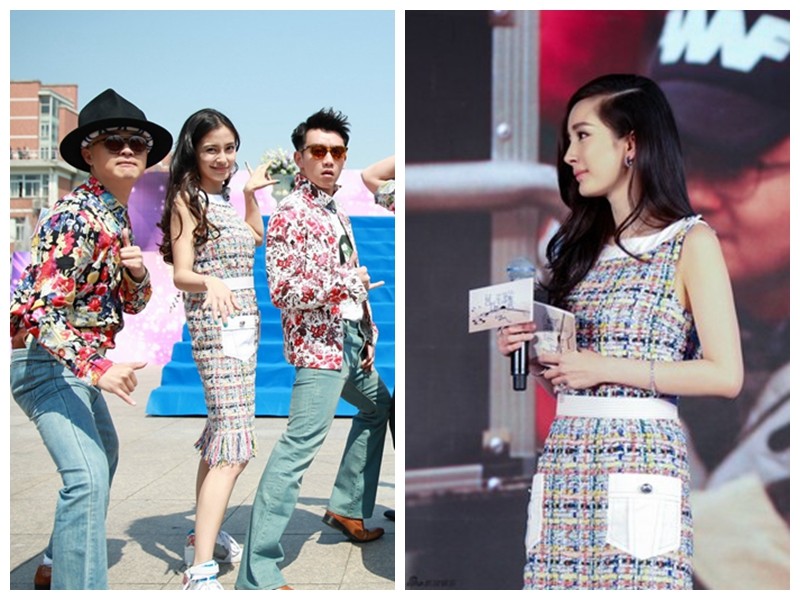 Angelababy杨幂,angelababy的闺蜜 angelababy撞衫杨幂,穿同款拼色夹克衫,扎双马尾辫,娇俏又减龄