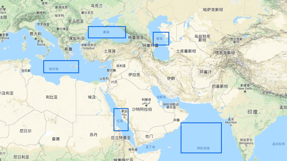 被里海,黑海,地中海,红海,阿拉伯海包围着的中东地区,因其地缘位置极