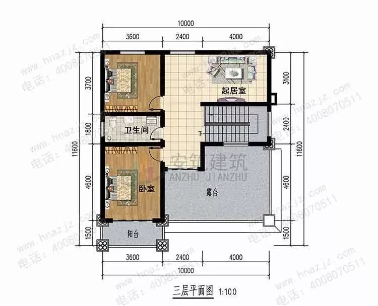 三层平面设计图:两间卧室设计,主要是用作预备客卧,其次就是很吸引人