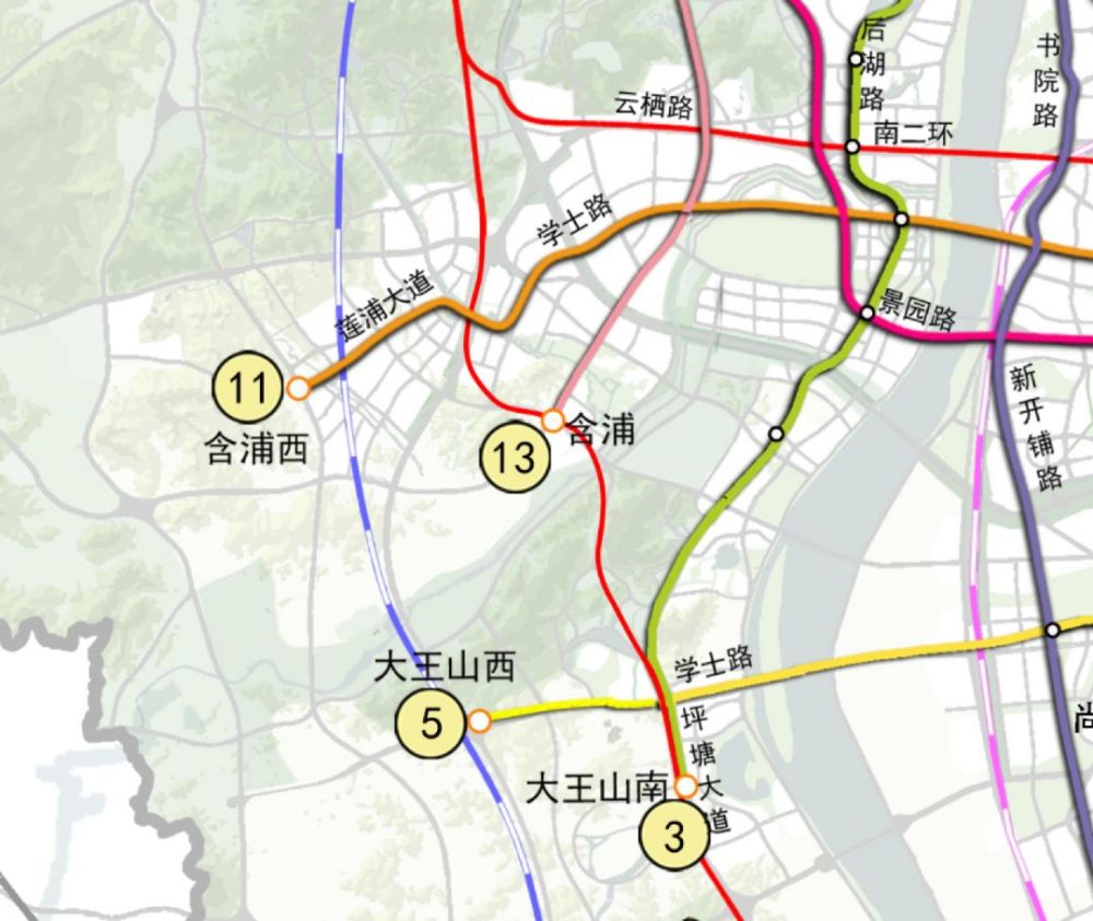 11号线沿 含浦大道,学士路,友谊路,东二环,盼助路,东十路布设,途径