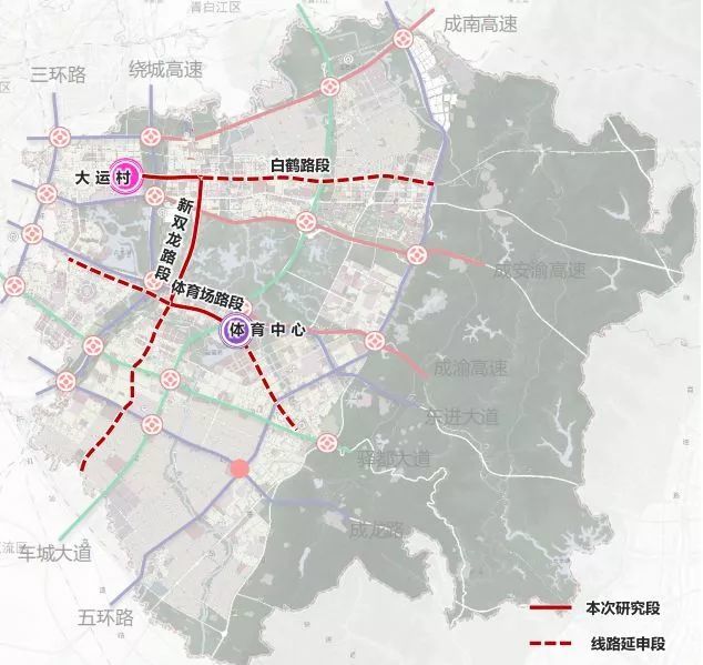 图据见证龙泉驿 线路现状:白鹤西路和西河大道为原路改建,其余均为