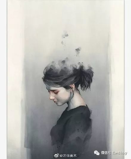 水墨韵味的水彩人物肖像画冷色系水彩人像插画
