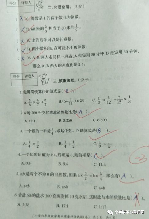 小学六年级数学期中测试,98分,书写工整答题认真