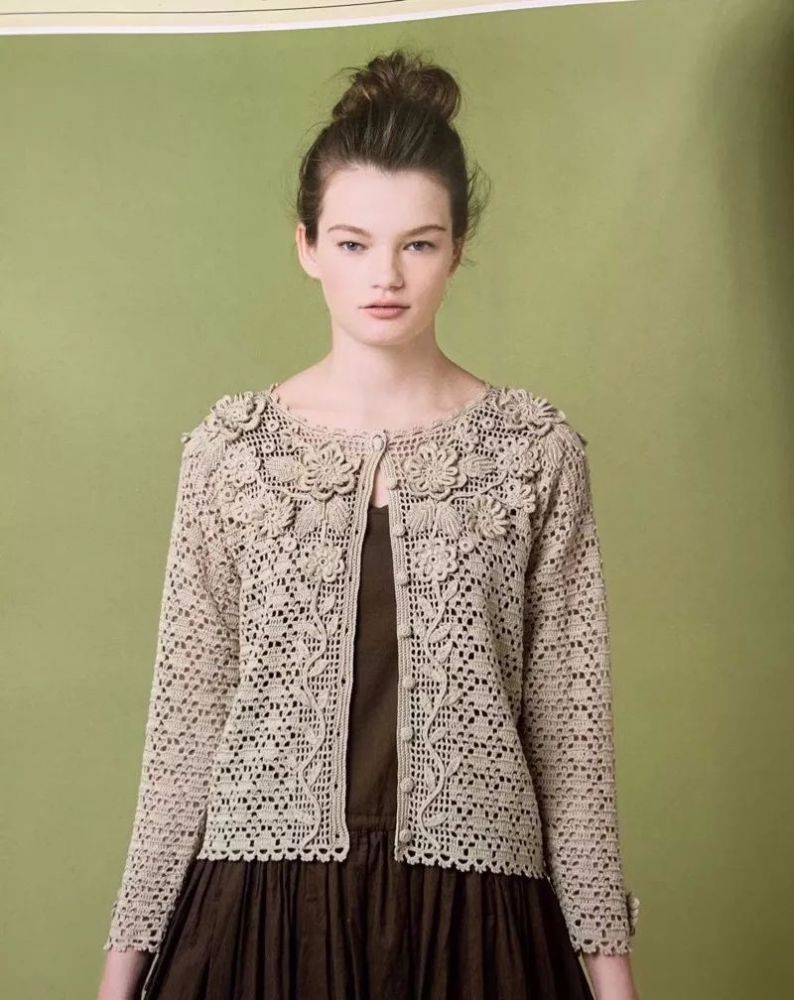 8号蕾丝编织:女士花朵装饰钩针蕾丝开衫