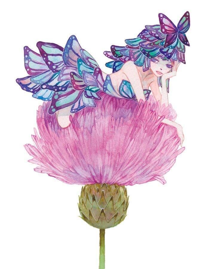 创意插画,花枝上的蝴蝶女孩,造型唯美,色彩清新靓丽,画风超棒