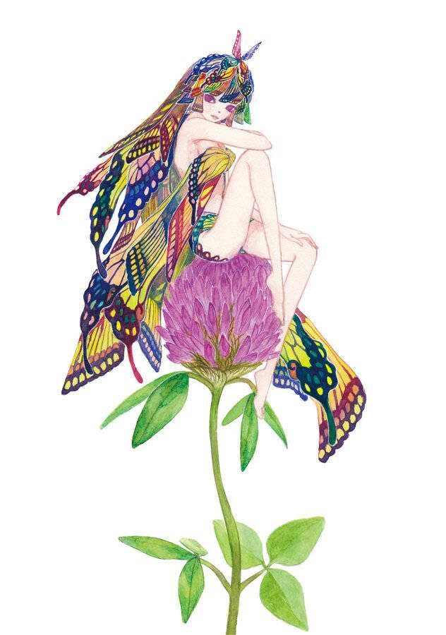 创意插画,花枝上的蝴蝶女孩,造型唯美,色彩清新靓丽,画风超棒
