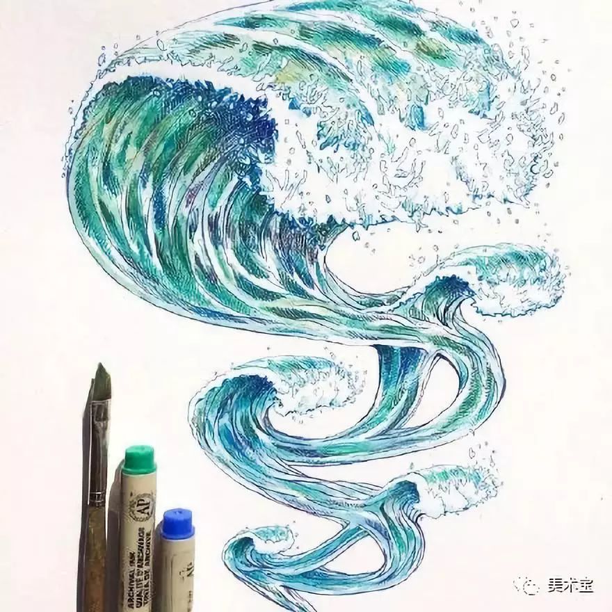 细腻干净的针管笔插画海浪,好想学!