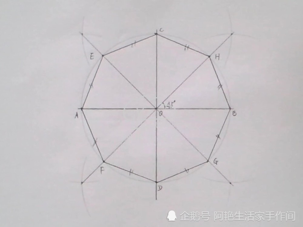 铅笔,拼布尺和圆规制图,绘制一个正八边形,方法非常的简单快速