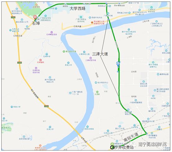 往石埠车辆绕行路线: " 沙井收费站—南站大道—三津大道—大学西路—
