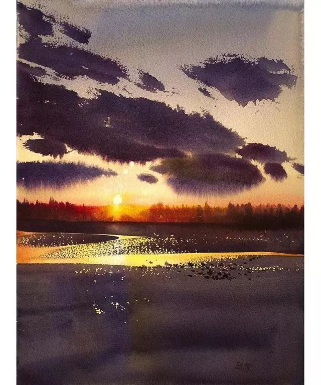 bhupinder singh 水彩作品,夕阳简直美如画