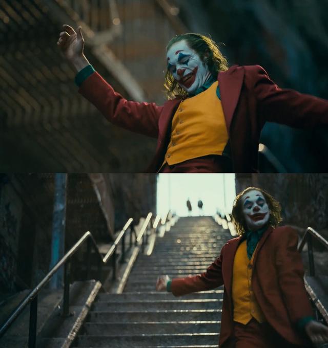 小丑在影片中最经典的一个动作就是跳舞,第一次是在门口扮演小丑给