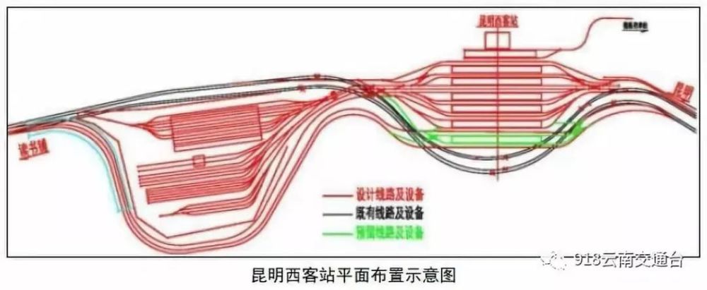 既有昆明西站:改建粮食专用线;同时贯通(k1)~(k4)道,便于既有整备场