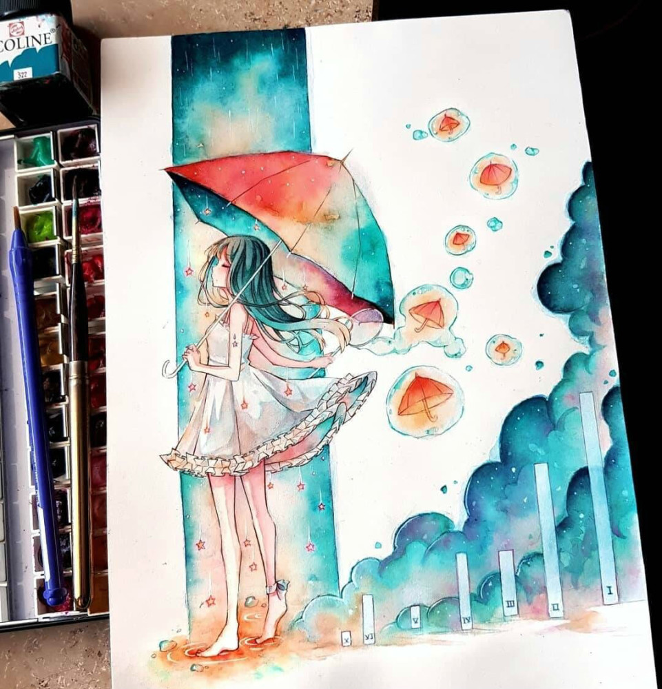 手绘卡通美少女,人物精致,色彩唯美梦幻,非常有意境,雨幕下撑伞的女孩
