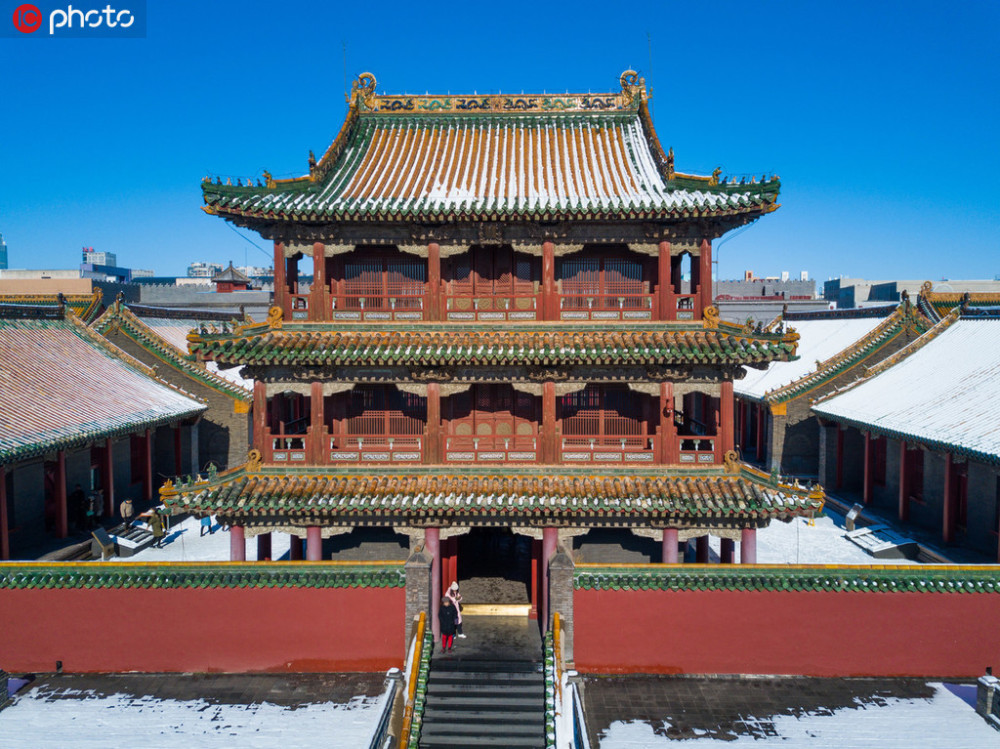 航拍沈阳故宫初雪 盛京皇城银装素裹庄严神圣