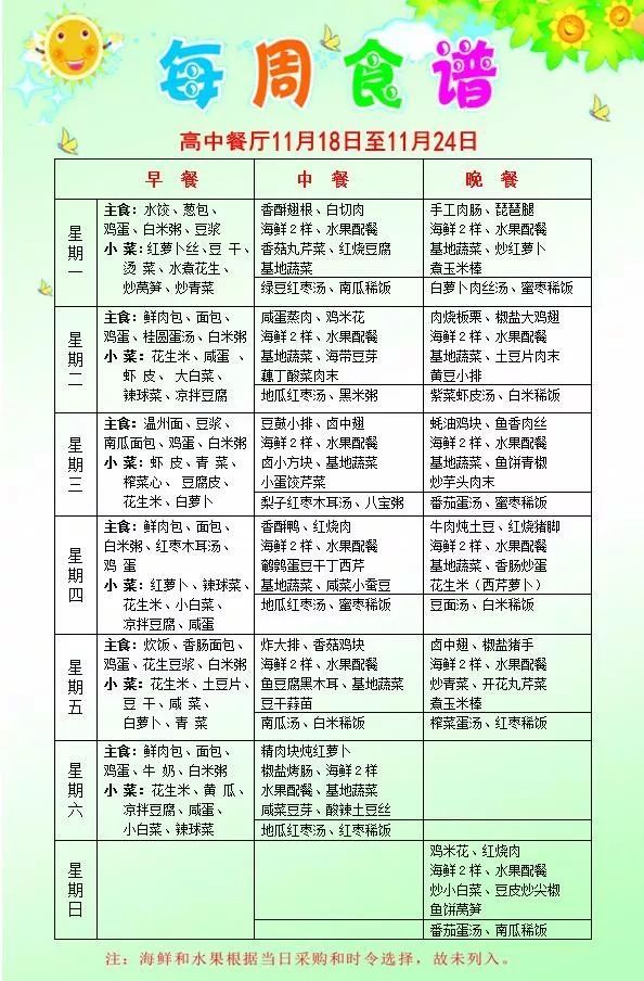 学生餐厅本周食谱 1 2 3