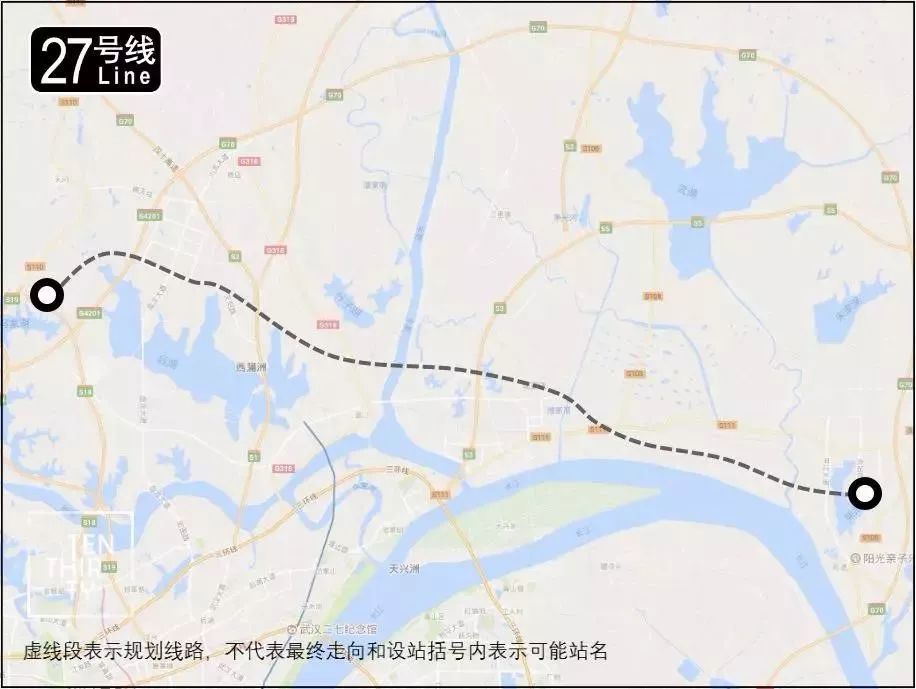 由黄陂鲁台至铁机路,设站12座,沿黄武公路向南,经武湖过长江,穿越