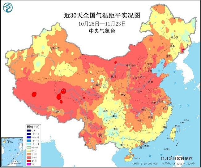 近30天全国气温距平实况图