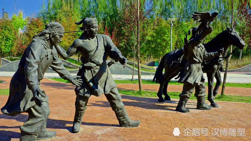 原始而古老的中国古代艺术狩猎文化主题人物雕塑在不断的传承