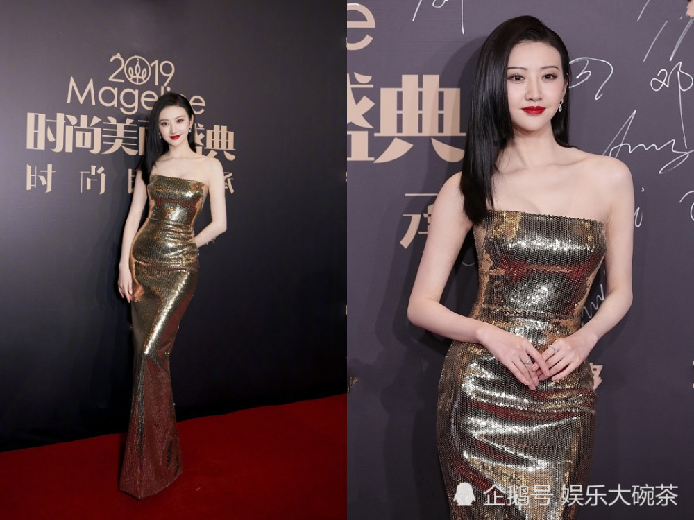 景甜红毯照又美了,黑发红唇金色亮片裙,有一种纸醉金迷的既视感