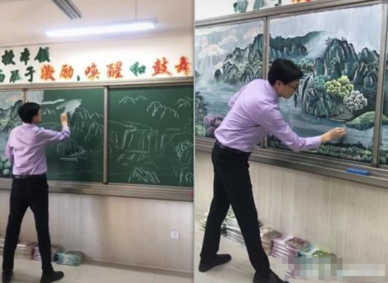 老师用黑板画"山水画",原以为是耍帅,学生:看不出还是