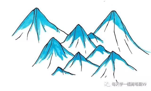 儿童画喜马拉雅山步骤教程 步骤一:先画上三座高低不平的山,山的线条