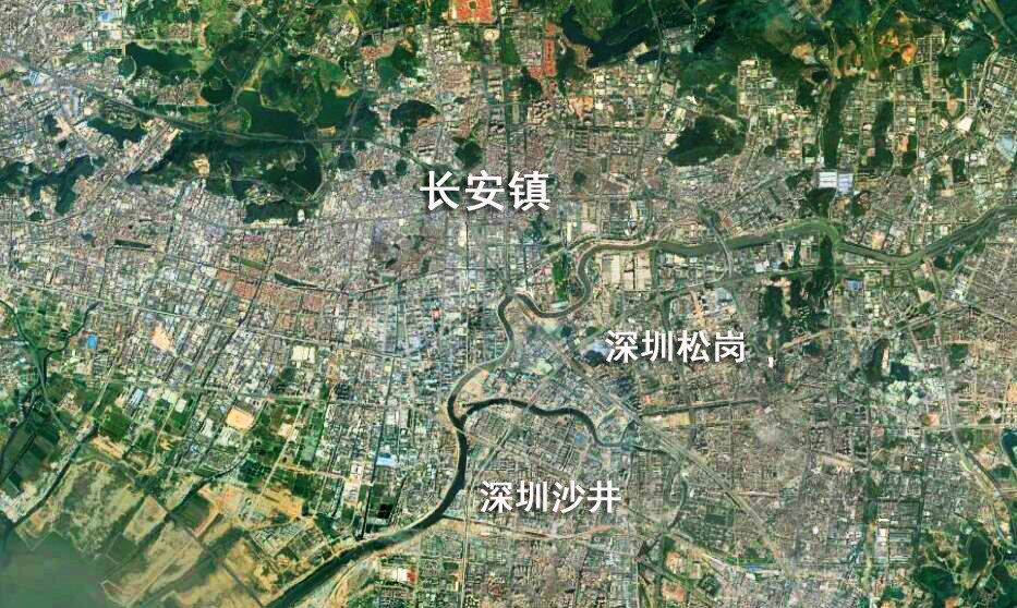 卫星上看广东东莞长安镇:全国十强镇之一,和深圳城区融为一体