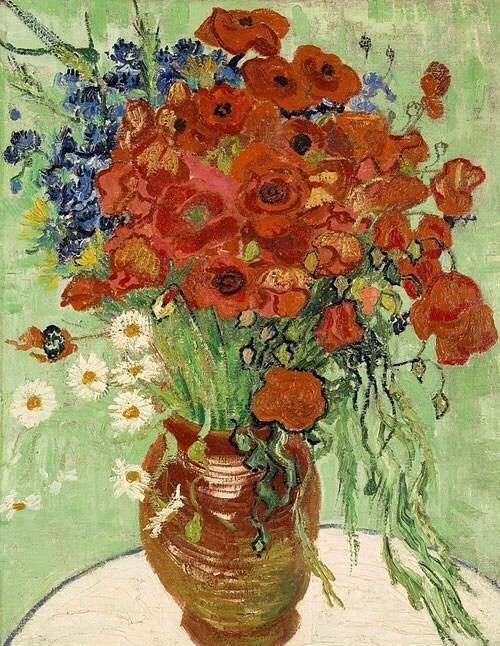荷兰后印象派画家文森特·梵高创作的花卉静物作品,色彩艳丽,形象饱满