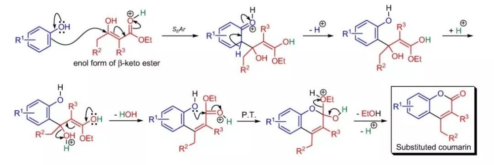 取代(sear);随后烯丙位的羟基质子化后离去,得到邻羟基肉桂酸酯中间体