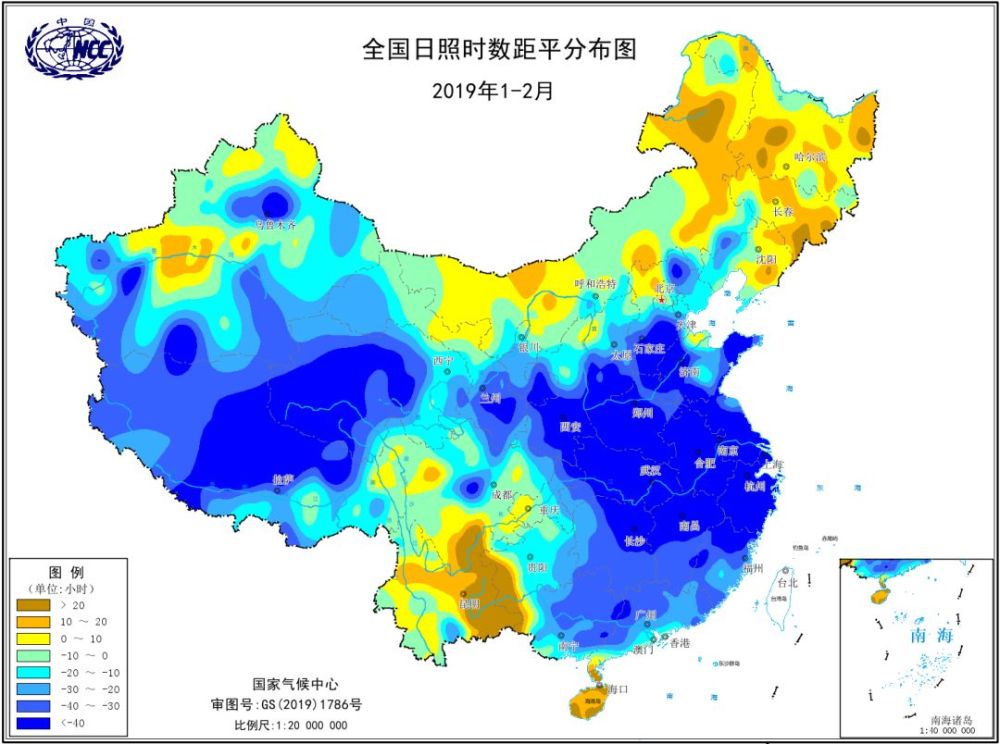 1-2月全国日照时数距平分布图