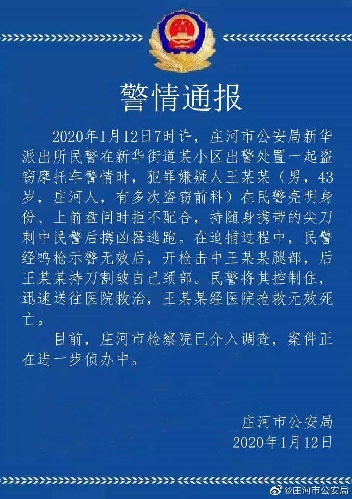 辽宁庄河一犯罪嫌疑人持刀袭警,后割破自己颈部,抢救无效死亡