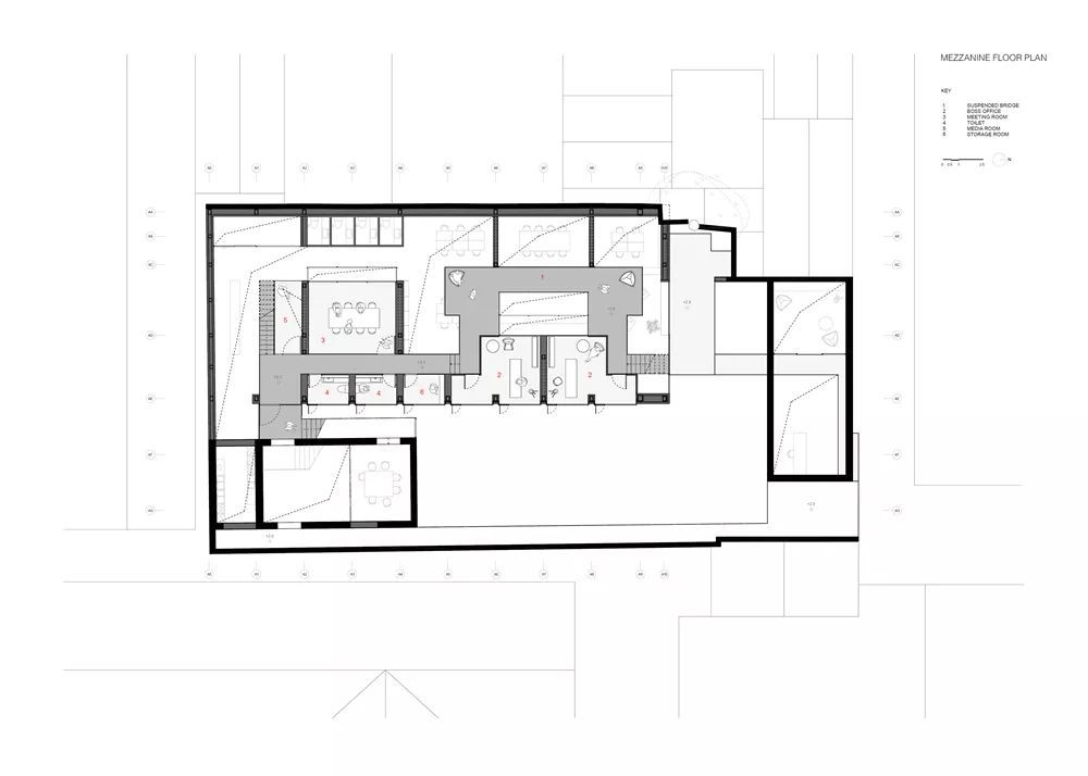 它通过折叠拉伸形成接待入口,灰空间廊道,悬挑的夹层和通向屋顶露台的