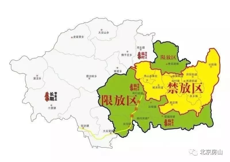 限放区包括: 周口店,琉璃河,长沟,韩村河,青龙湖,石楼地区.