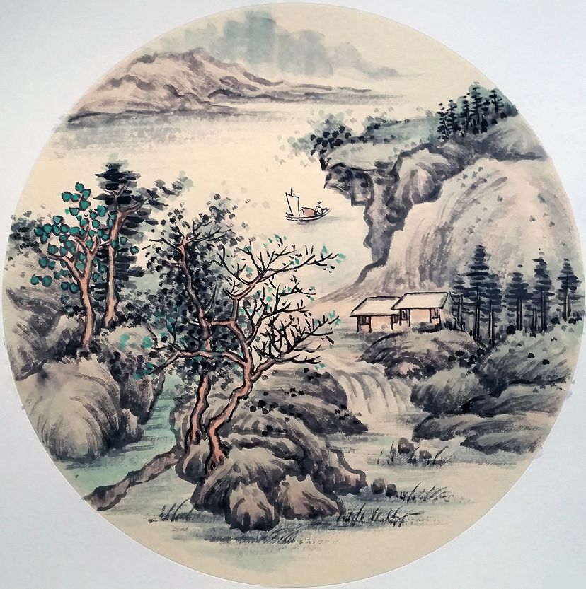 闲赏溪山乐悠然,国画,写意,山水画,墨色,石绿