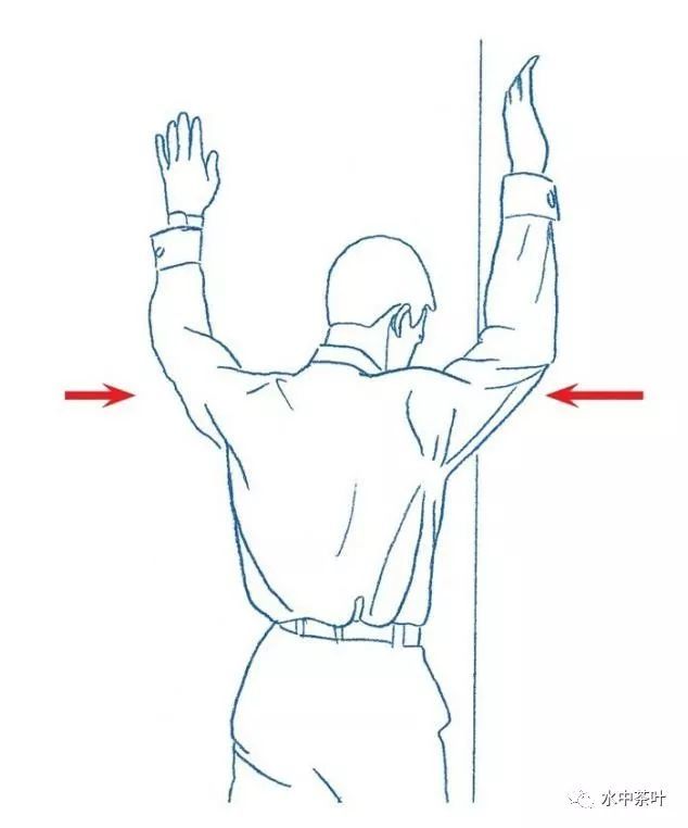 本练习同时拉伸两侧的胸大肌,因此两只手肘一定要在同一高度上,才能