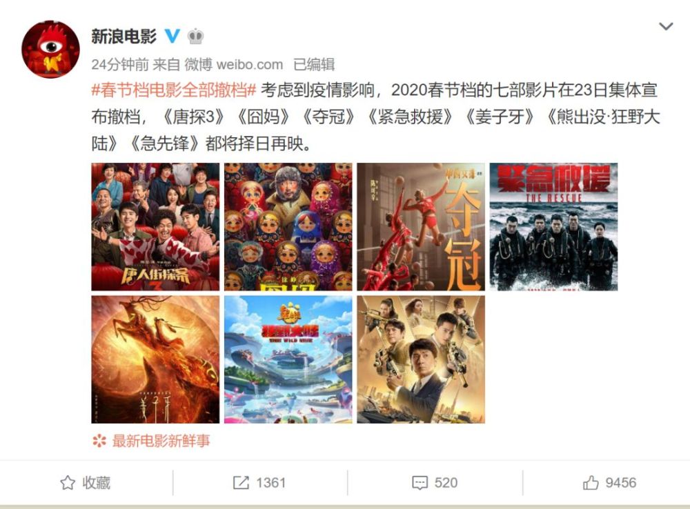 考虑到疫情影响,2020春节档的七部影片1月23日集体宣布撤档,《唐探3