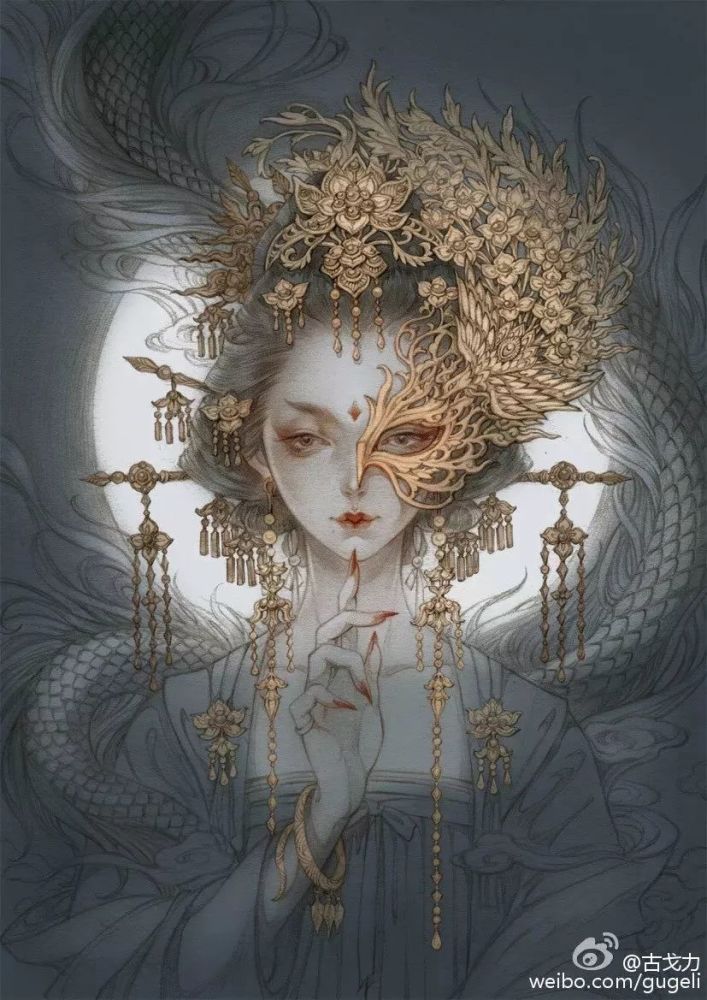 插画,古戈力,绘画,手绘,半面妆,朱颜