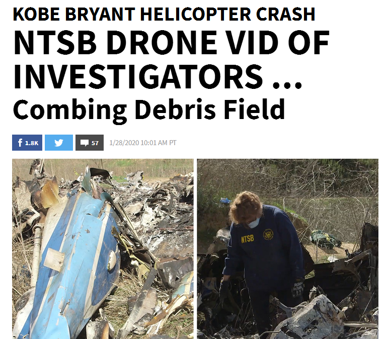 官方公开科比失事现场画面,整个飞机变成零散碎片,九名遗体已全部找到
