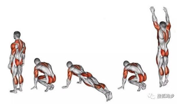 leg thrust(后踢脚) push-up(伏地挺身) forward jump(前跳) vertical