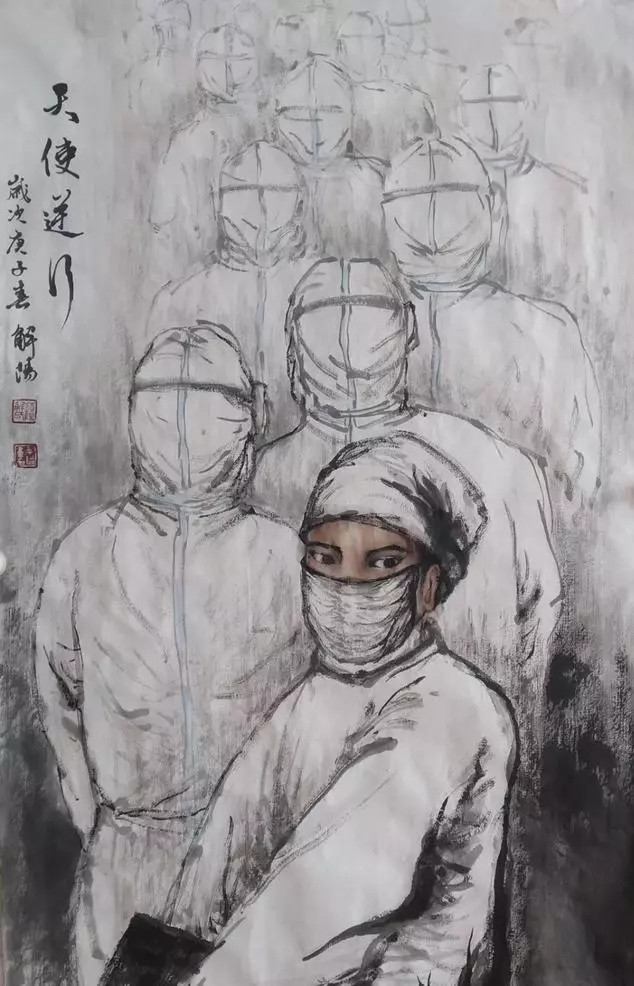 作品介绍: 我的构想是以医护人员穿上防护服,带上口罩和护目镜,在