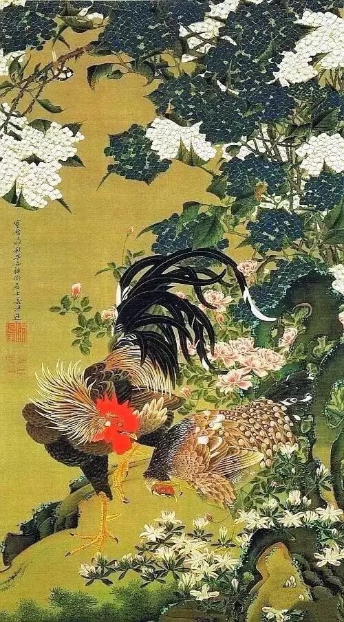 鱼,鸟画作,尤其是鸡最为传神 伊藤若冲,日本江户时代著名画家,擅长画