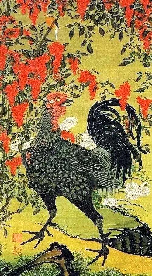 鱼,鸟画作,尤其是鸡最为传神 伊藤若冲,日本江户时代著名画家,擅长画