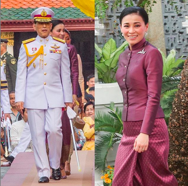 泰国王后随泰王亮相,枣红色裹身裙秀细腰,全程欢笑不再是苦瓜脸