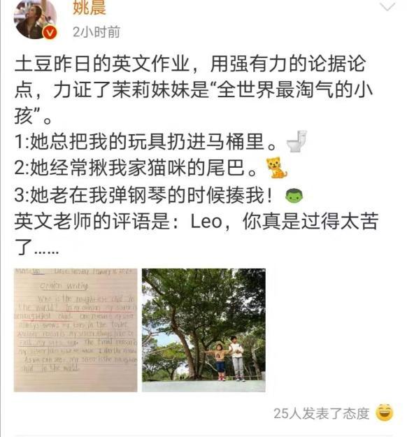 姚晨晒儿子英语作文 词汇量水平堪比上高中生 幸福家庭藏不住 看点快报
