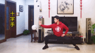 动作要领:中正安舒,不偏不倚,圆裆开胯.