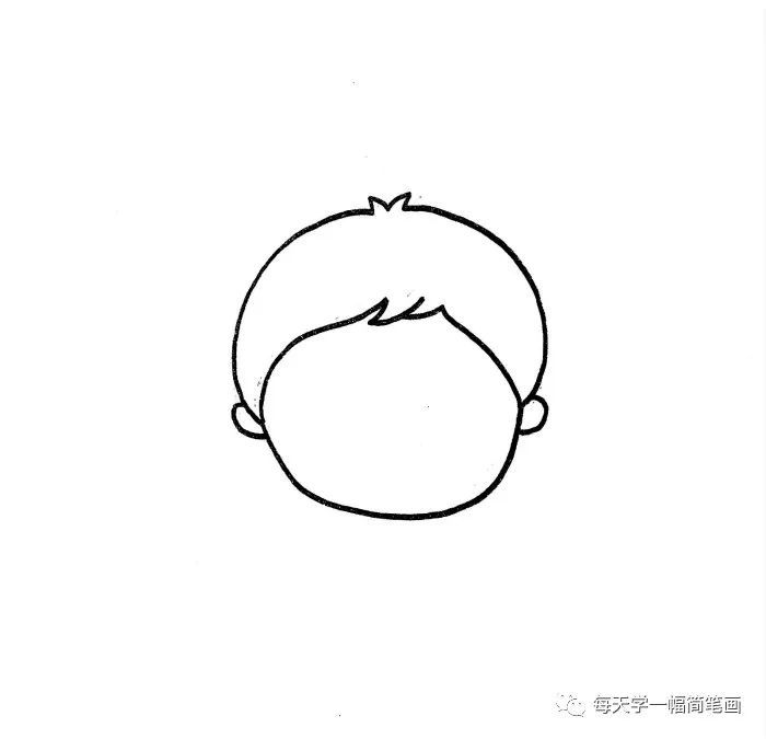 预防肺炎简笔画教程 1,首先画出人物的头部,头发短短的,脸型圆圆的,在
