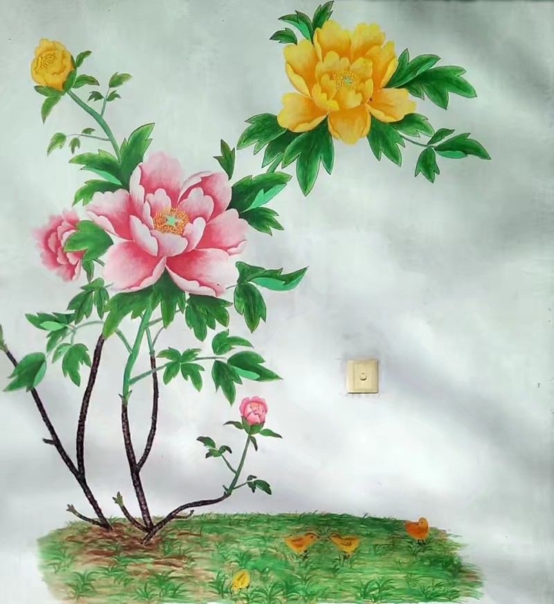 墙绘 牡丹小鸡